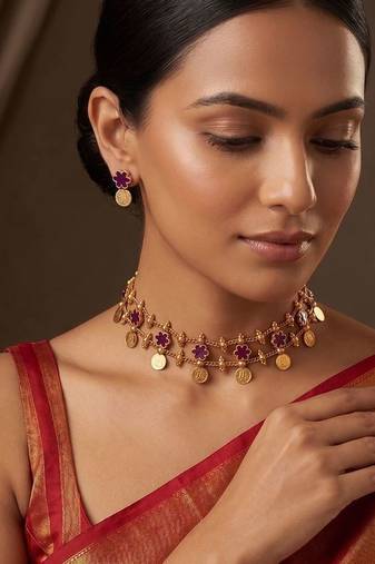 Gold plated ruby pink floral coined choker set