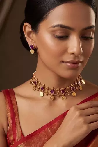 Gold plated ruby pink floral coined choker set