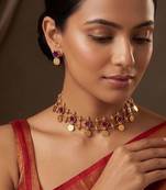 Gold plated ruby pink floral coined choker set