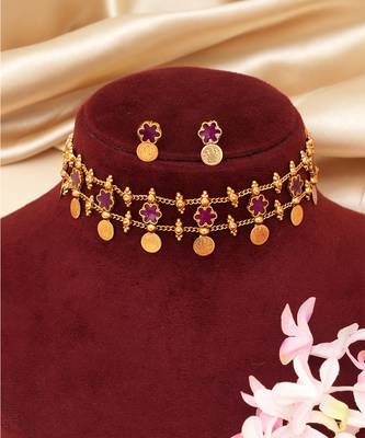 Gold plated ruby pink floral coined choker set 2