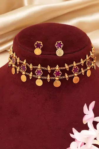 Gold plated ruby pink floral coined choker set