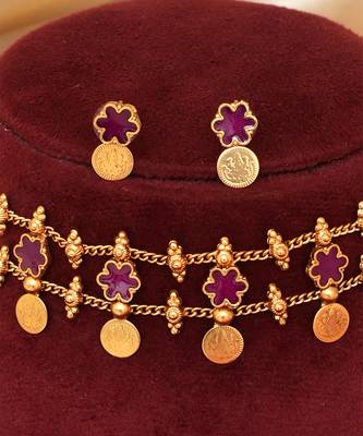 Gold plated ruby pink floral coined choker set 3