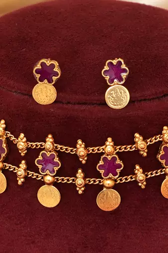 Gold plated ruby pink floral coined choker set