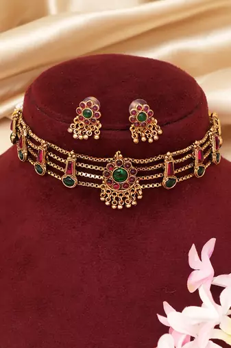 Gold plated multicolor stones choker set