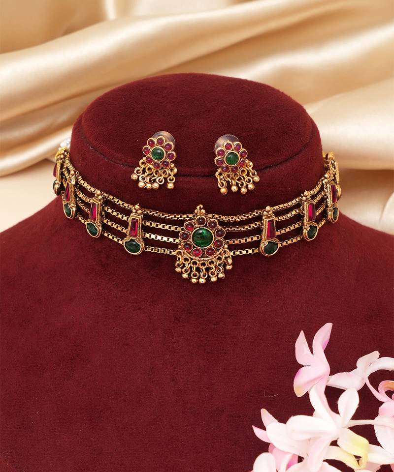 Gold plated multicolor stones choker set
