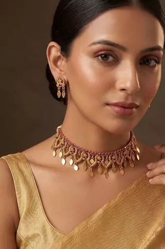 Gold plated pink stones choker set