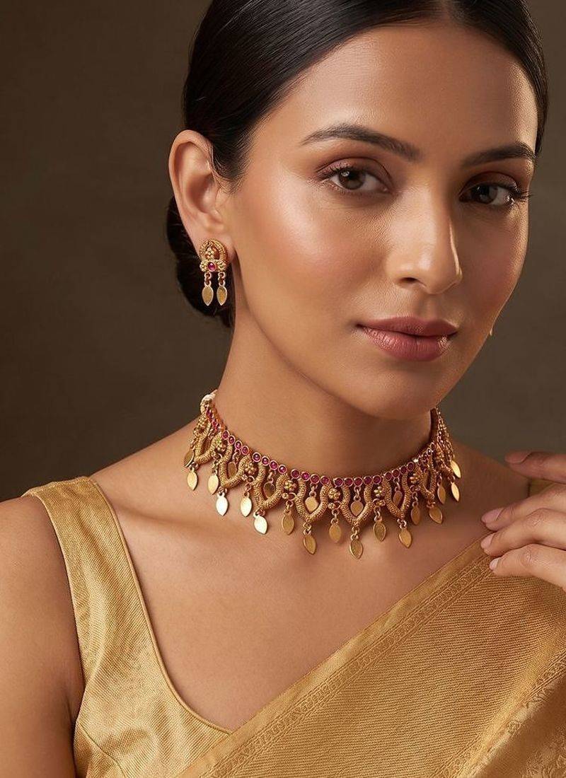 Gold plated pink stones choker set