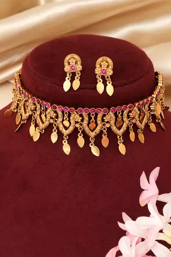 Gold plated pink stones choker set