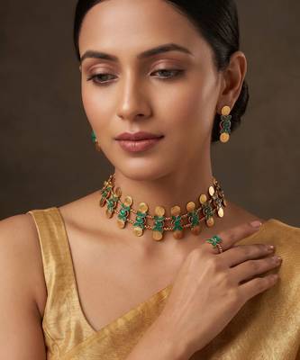 Gold plated mint green coined choker set 1