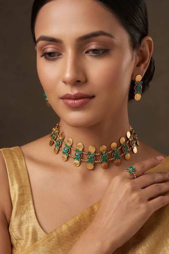 Gold plated mint green coined choker set