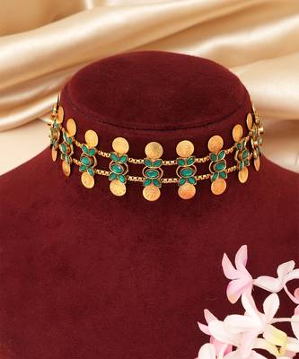 Gold plated mint green coined choker set 2
