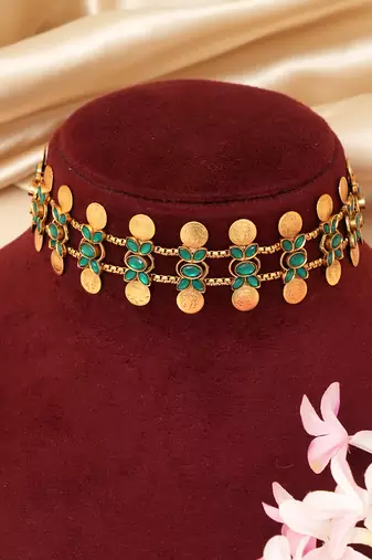 Gold plated mint green coined choker set