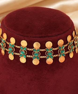 Gold plated mint green coined choker set 3