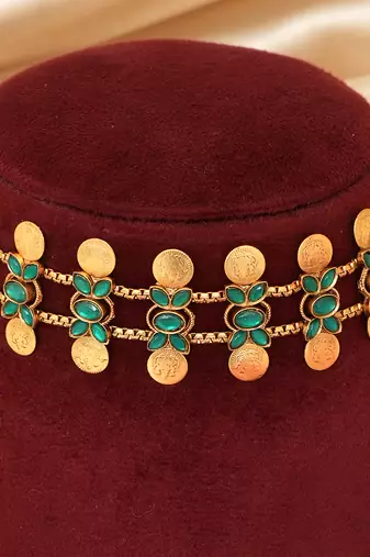 Gold plated mint green coined choker set