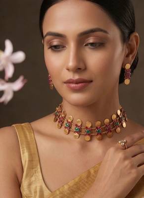 Gold plated multicolor coined choker set 1