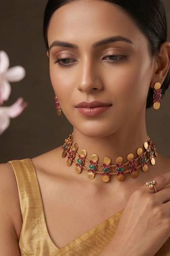 Gold plated multicolor coined choker set