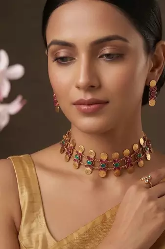 Gold plated multicolor coined choker set