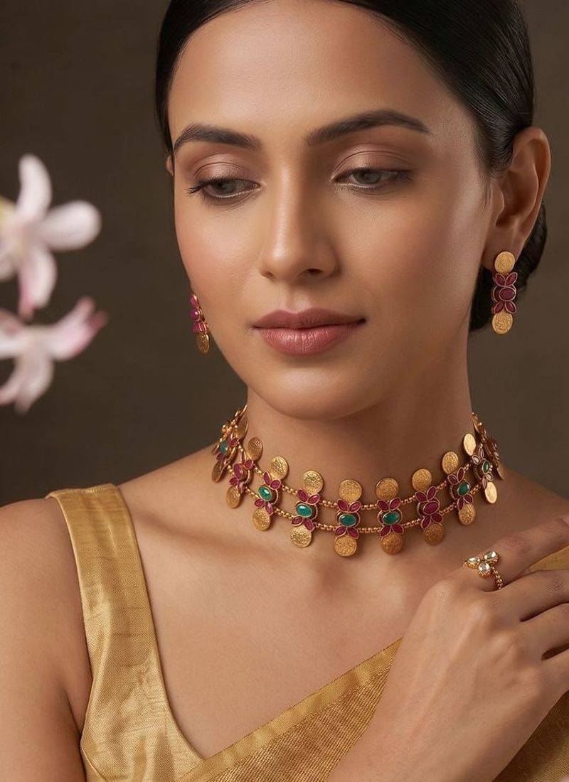 Gold plated multicolor coined choker set