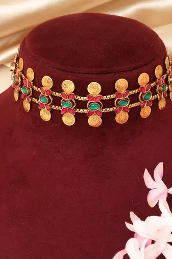 Gold plated multicolor coined choker set