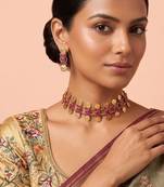 Gold plated pink beaded coined choker set