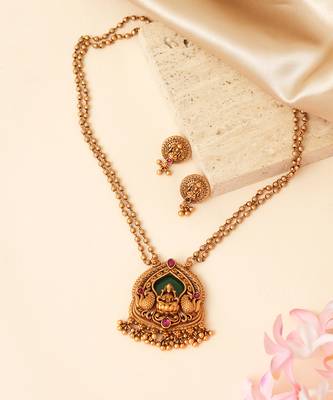 Gold plated green stones laxmi haar necklace set 2