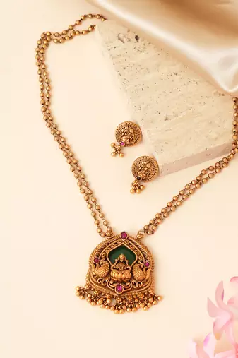 Gold plated green stones laxmi haar necklace set