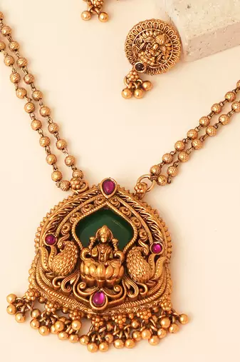 Gold plated green stones laxmi haar necklace set