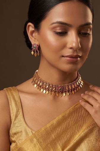 Gold plated pink stones choker set