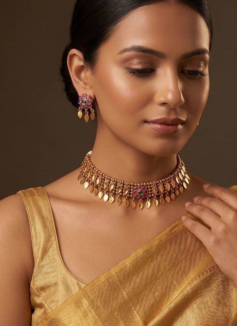 Gold plated pink stones choker set
