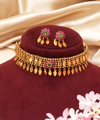 Gold plated pink stones choker set 2