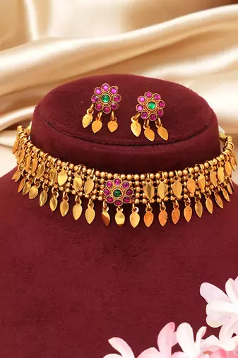 Gold plated pink stones choker set
