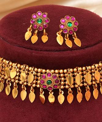 Gold plated pink stones choker set 3