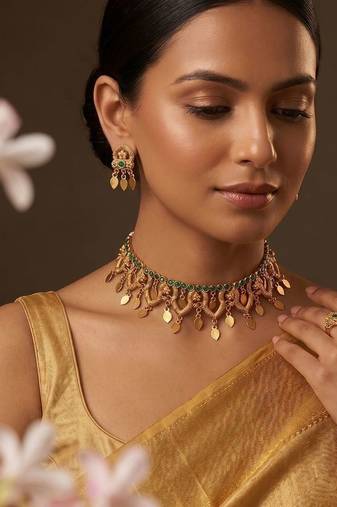 Gold plated green stones choker set