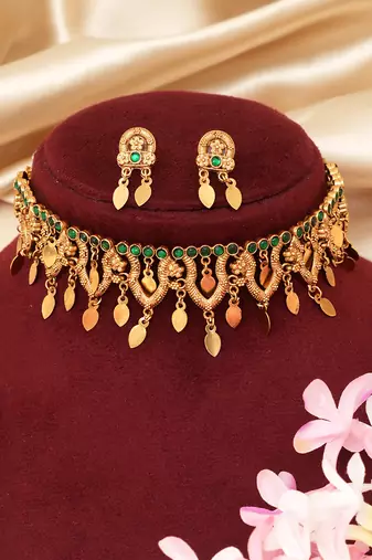Gold plated green stones choker set