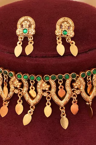 Gold plated green stones choker set