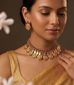 Gold plated maroon stones coined choker set