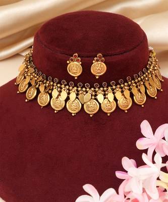 Gold plated maroon stones coined choker set 2