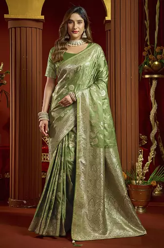 olive silk blend swarovski work festive wear saree