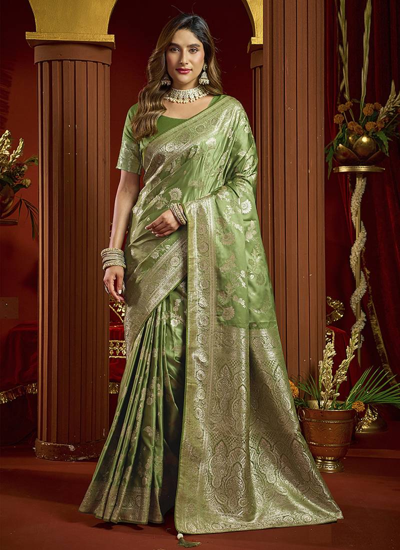 olive silk blend swarovski work festive wear saree
