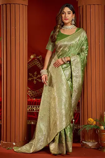 olive silk blend swarovski work festive wear saree