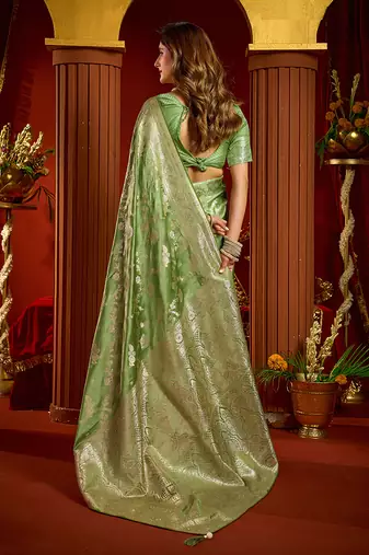 olive silk blend swarovski work festive wear saree