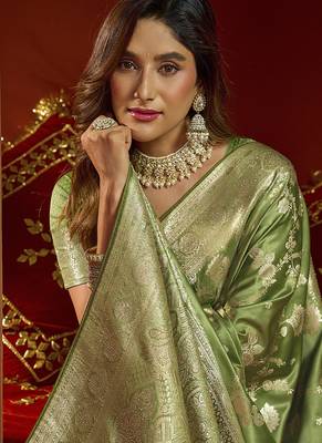olive silk blend swarovski work festive wear saree 4