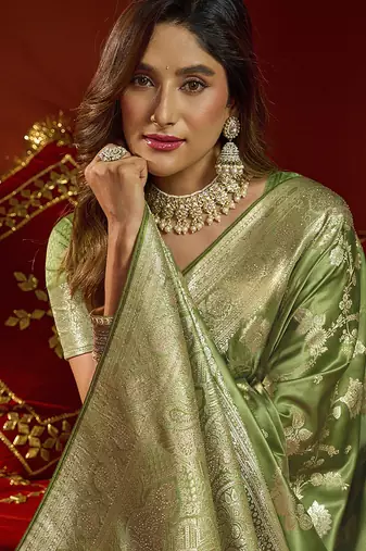 olive silk blend swarovski work festive wear saree