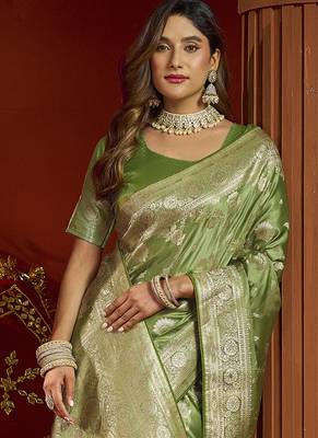 olive silk blend swarovski work festive wear saree 5