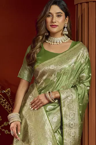 olive silk blend swarovski work festive wear saree