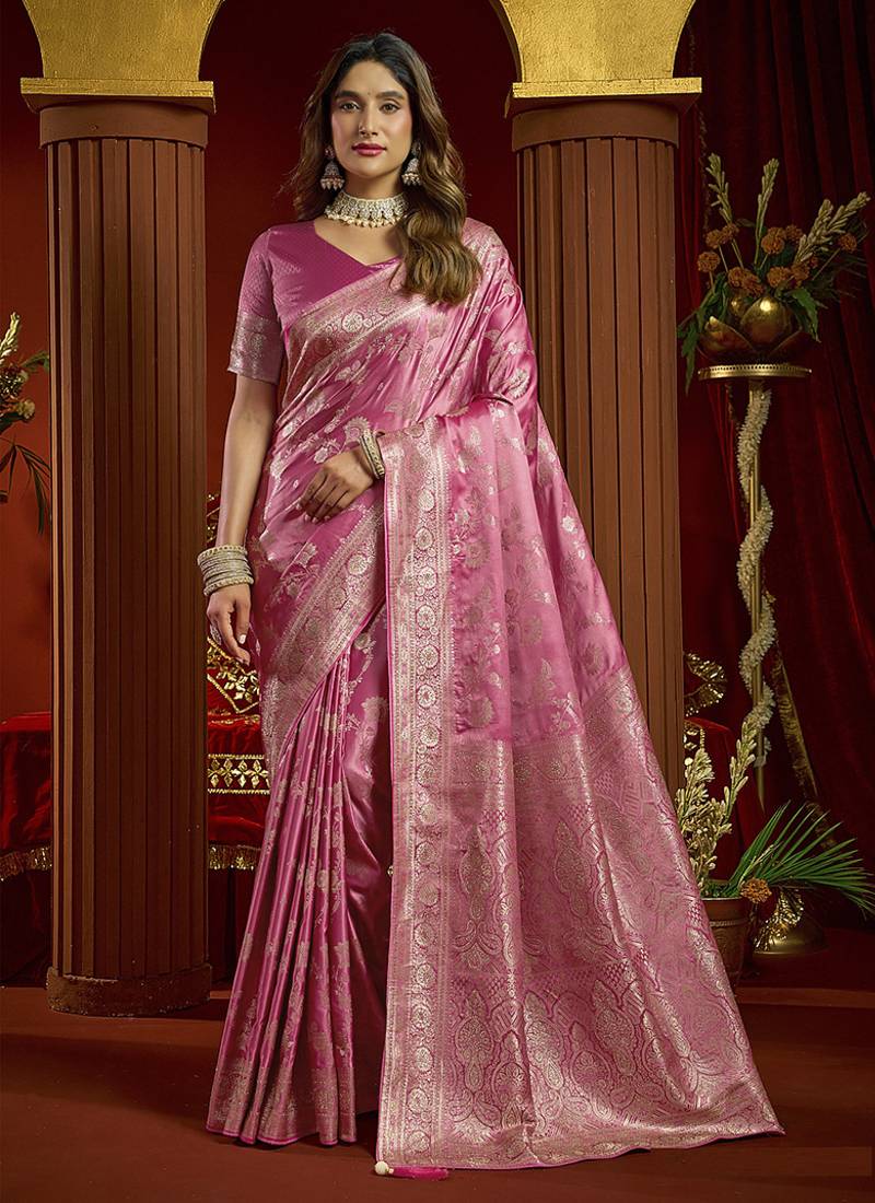 baby pink silk blend swarovski work festive wear saree