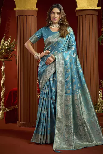 sky blue silk blend swarovski work festive wear saree