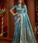 sky blue silk blend swarovski work festive wear saree