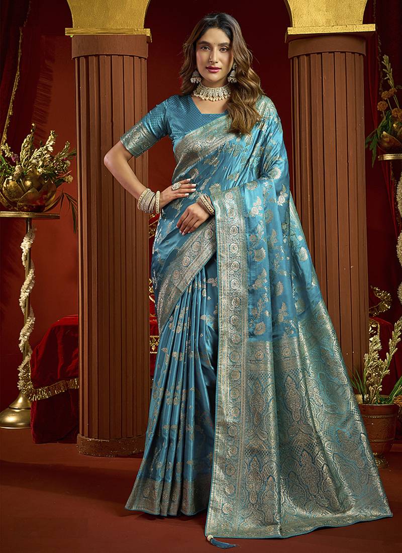 sky blue silk blend swarovski work festive wear saree