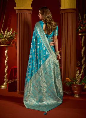 sky blue silk blend swarovski work festive wear saree 2